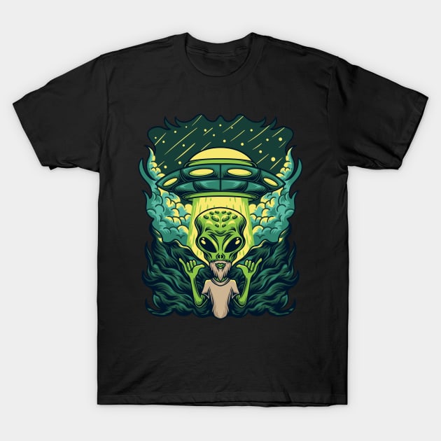 Bearded Hipster Surf Alien | Shaka Hang Loose Gesture UFO T-Shirt by JakesRWild